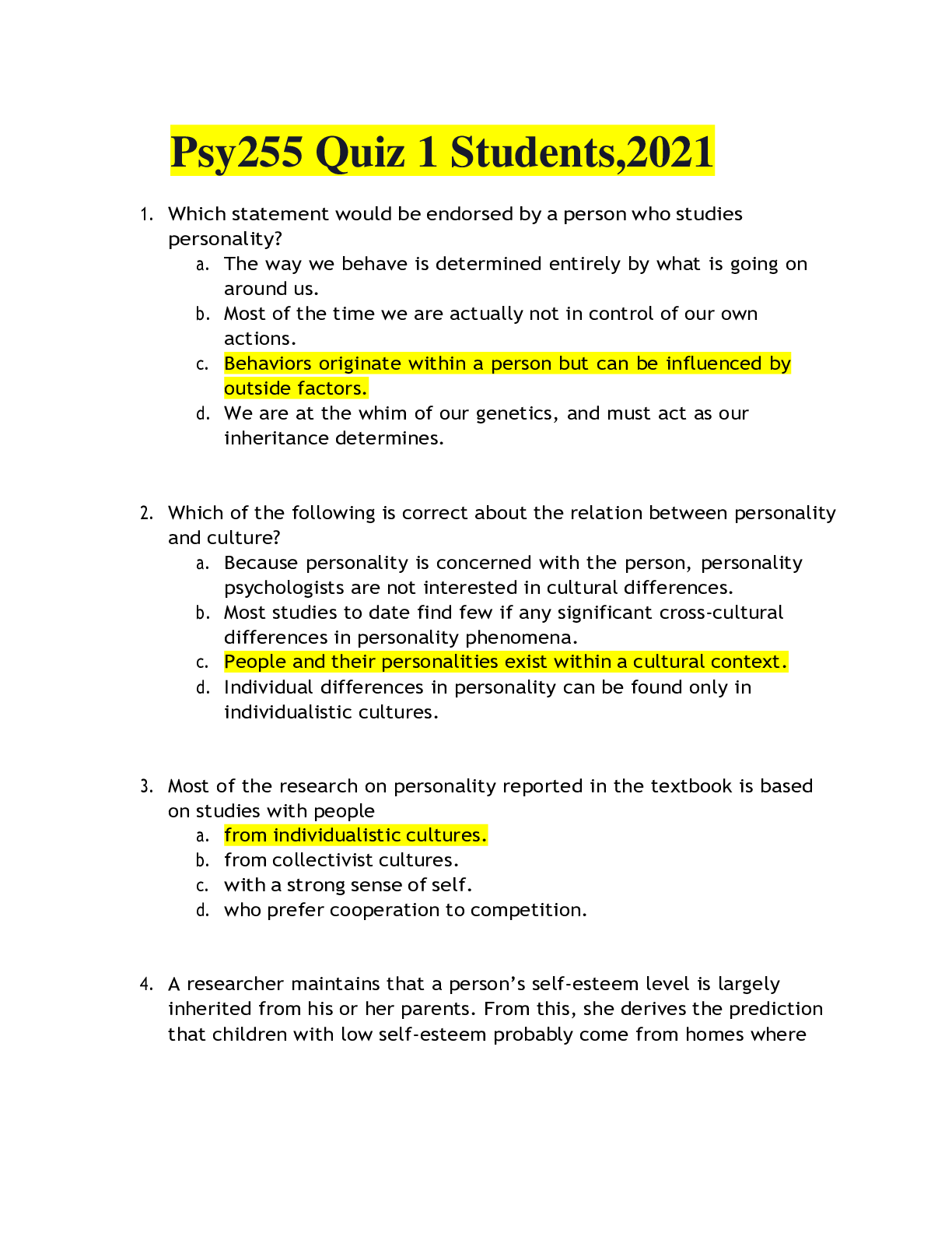Preview of Grand Canyon University | Psy255 Quiz 1 Students,2021